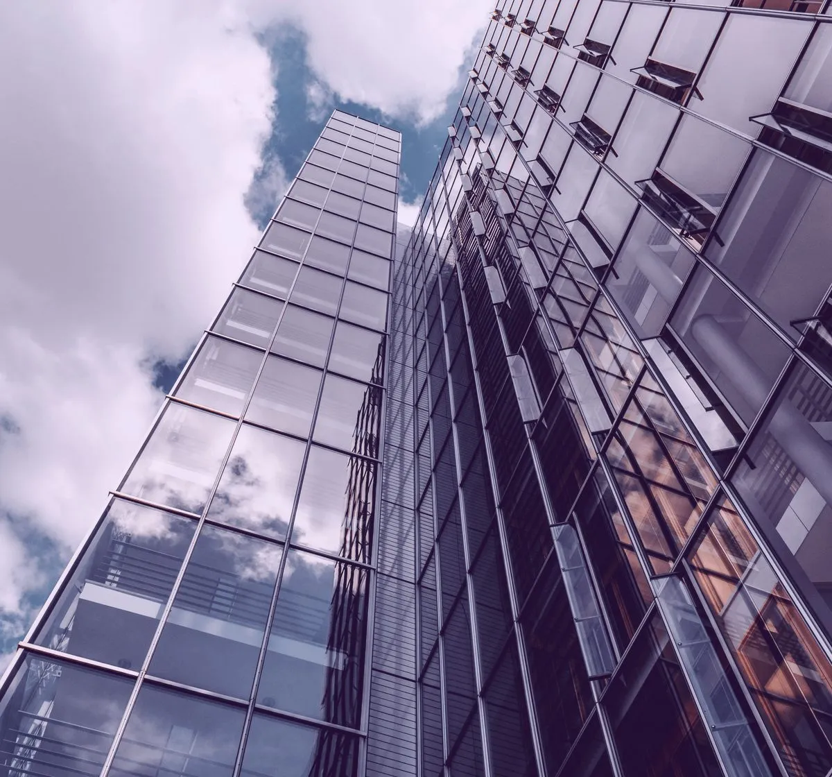 Modern glass office building, low angle